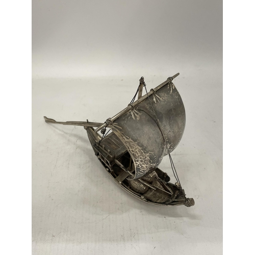 13 - A VINTAGE MIDDLE EASTERN, POSSIBLY SILVER, CARGO BOAT MODEL, LENGTH 22CM, WEIGHT 353G