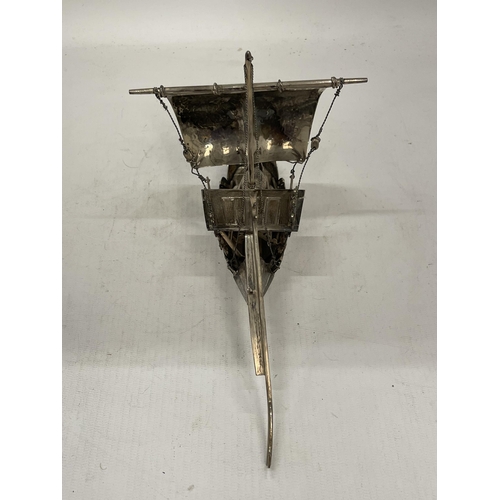 13 - A VINTAGE MIDDLE EASTERN, POSSIBLY SILVER, CARGO BOAT MODEL, LENGTH 22CM, WEIGHT 353G