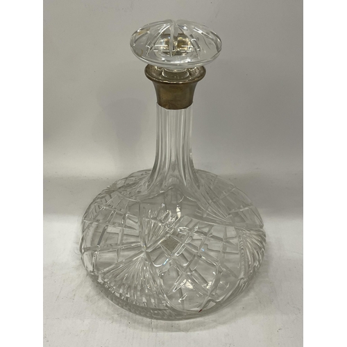 14 - A CUT GLASS SHIPS DECANTER WITH HALLMARKED SILVER COLLAR