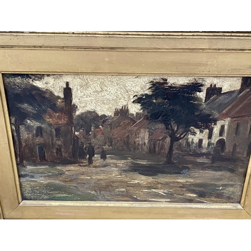 17 - AN ANTIQUE GILT FRAMED OIL PAINTING OF A VILLAGE SCENE, UNSIGNED