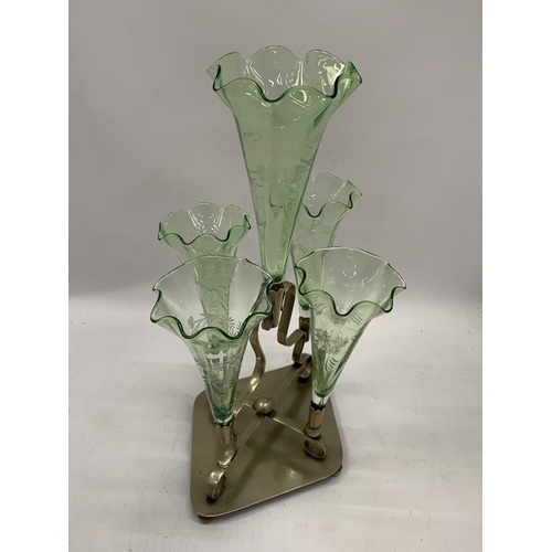 196 - A VINTAGE SILVER PLATED EPERGNE WITH GREEN ETCHED GLASS HOLDERS