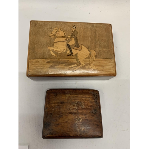 203 - TWO VINTAGE WOODEN BOXES COMPRISING BRASS INLAID AND HUNTSMAN DESIGN EXAMPLES