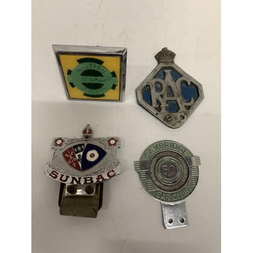 204 - A GROUP OF FOUR VINTAGE CAR BADGES - RAC, AA, BRITISH FIELD SPORTS SOCIETY AND SUNBAC