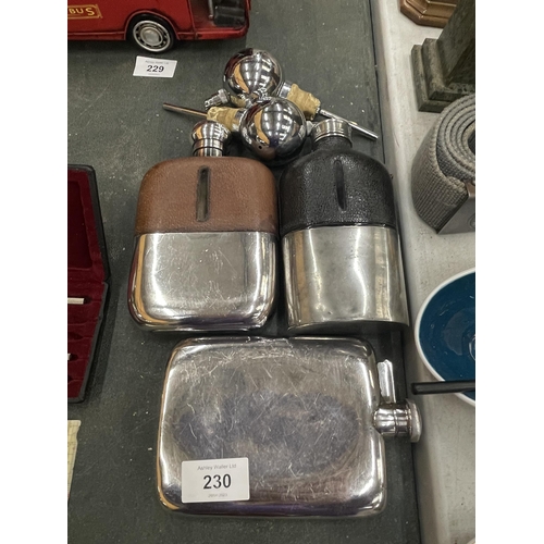 230 - THREE VINTAGE SILVER PLATED HIPFLASKS