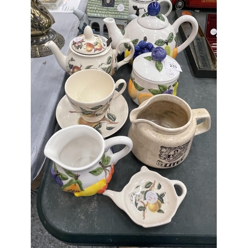 233 - A MIXED LOT OF CERAMIC TEAPOTS TO INCLUDE FRUIT DESIGN EXAMPLES