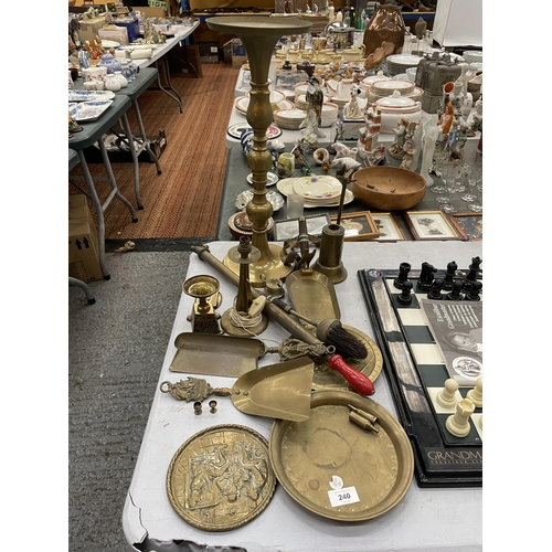 240 - A MIXED LOT OF BRASS AND METAL WARES TO INCLUDE LARGE STAND ETC