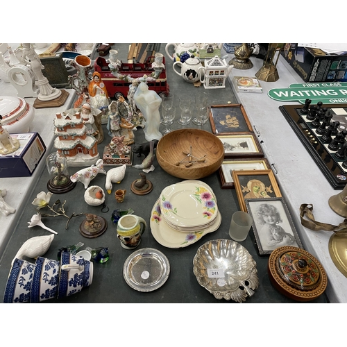 241 - A MIXED GROUP OF ITEMS TO INCLUDE CONTINENTAL FIGURAL CANDLESTICK, STAFFORDSHIRE FIGURES, PICTURES E... 