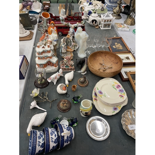 241 - A MIXED GROUP OF ITEMS TO INCLUDE CONTINENTAL FIGURAL CANDLESTICK, STAFFORDSHIRE FIGURES, PICTURES E... 