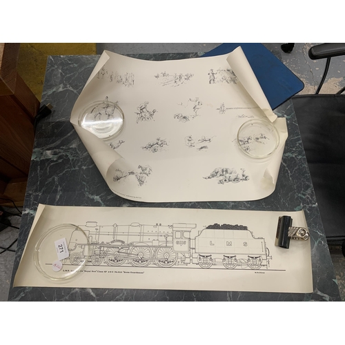 271 - A BLUEPRINT OF THE SCOTS GUARDSMAN LOCOMOTIVE AND A PRINT OF HARE COURSING