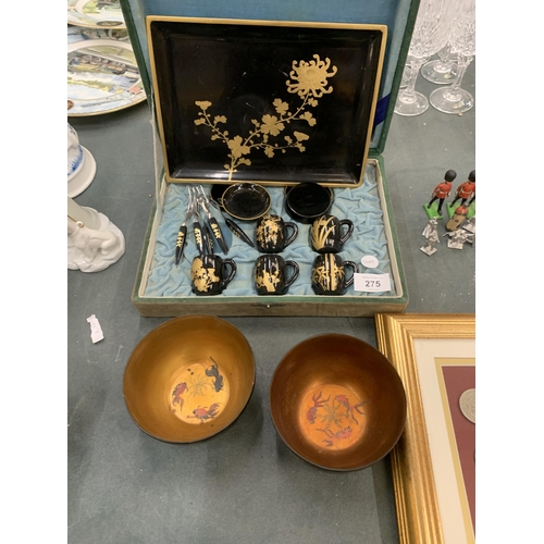 275 - A VINTAGE CASED ORIENTAL LACQUERED TEA SET AND FURTHER BOWLS