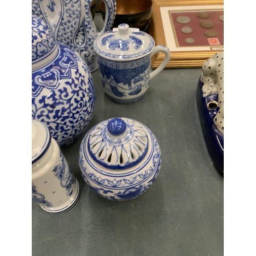 276 - A MIXED LOT OF BLUE AND WHITE ITEMS - MODERN CHINESE GINGER JAR, DRAGON ETC