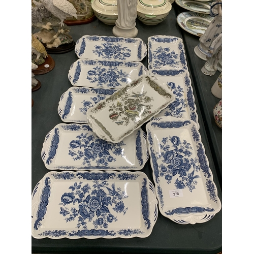 278 - A SET OF EIGHT BLUE AND WHITE FLORAL DESIGN TRAYS AND FURTHER CERAMIC TRAY