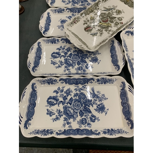 278 - A SET OF EIGHT BLUE AND WHITE FLORAL DESIGN TRAYS AND FURTHER CERAMIC TRAY