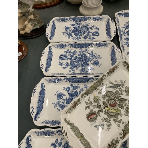 278 - A SET OF EIGHT BLUE AND WHITE FLORAL DESIGN TRAYS AND FURTHER CERAMIC TRAY