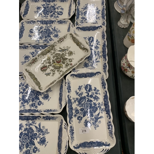 278 - A SET OF EIGHT BLUE AND WHITE FLORAL DESIGN TRAYS AND FURTHER CERAMIC TRAY