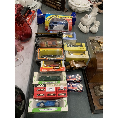 283 - THIRTEEN BOXED DIECAST MODEL CARS AND BUSES, CORGI, BURAGO, POLISTIL, SOILDO ETC