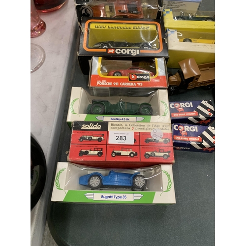 283 - THIRTEEN BOXED DIECAST MODEL CARS AND BUSES, CORGI, BURAGO, POLISTIL, SOILDO ETC