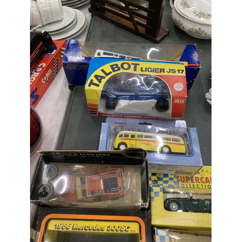 283 - THIRTEEN BOXED DIECAST MODEL CARS AND BUSES, CORGI, BURAGO, POLISTIL, SOILDO ETC