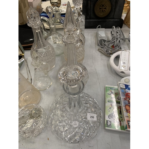 299 - A MIXED LOT OF VINTAGE CUT GLASS DECANTERS ETC