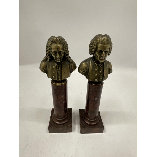 43 - A PAIR OF FRENCH BRONZE BUSTS OF MOLIERE (1639 - 1699) AND ROUSSEAU (1712 -1778) EACH ON A SOCLE AND... 