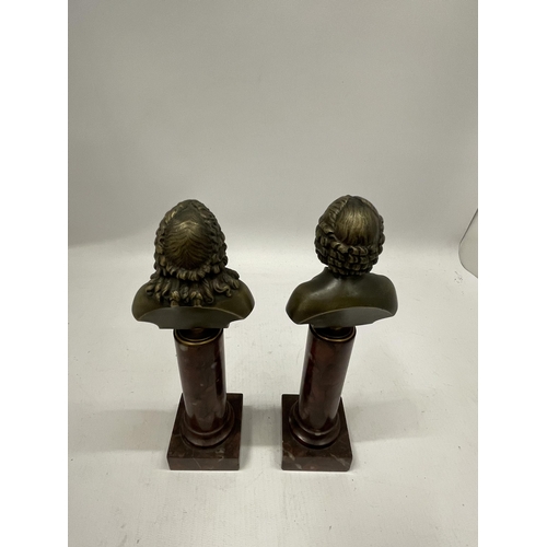 43 - A PAIR OF FRENCH BRONZE BUSTS OF MOLIERE (1639 - 1699) AND ROUSSEAU (1712 -1778) EACH ON A SOCLE AND... 