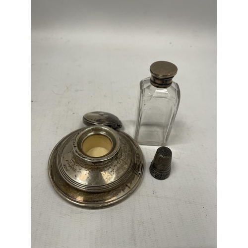 44 - A MIXED LOT SILVER ITEMS, INKWELL (LID A/F), PERFUME BOTTLE AND THIMBLE