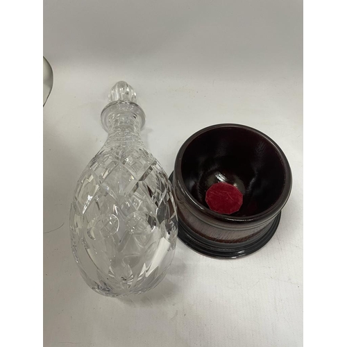 53 - TWO CUT GLASS DECANTERS TO INCLUDE A ROYAL BRIERLEY EXAMPLE AND EXAMPLE ON WOODEN BASE