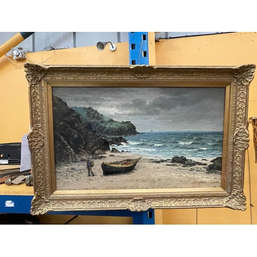 63 - AN ALBERT HODDER, BRITISH, (1845-1911), LARGE GILT FRAMED OIL PAINTING OF A COASTAL SCENE, SIGNED TO... 