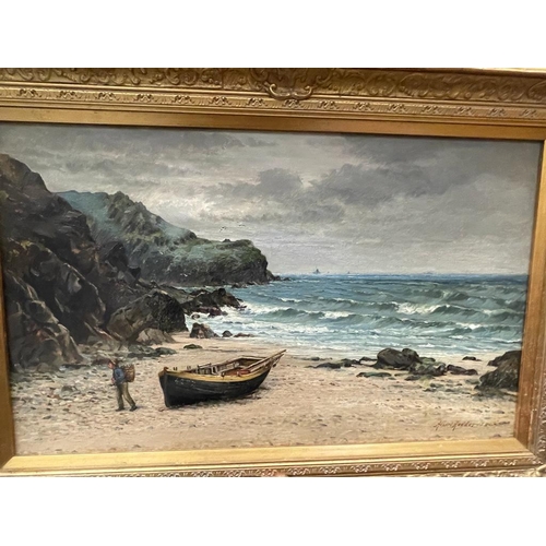 63 - AN ALBERT HODDER, BRITISH, (1845-1911), LARGE GILT FRAMED OIL PAINTING OF A COASTAL SCENE, SIGNED TO... 