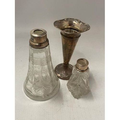 64 - THREE HALLMARKED SILVER ITEMS - PERFUME BOTTLES AND A POSY VASE