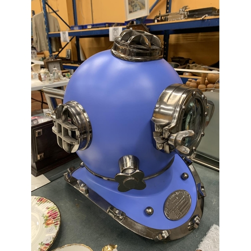 113 - A LARGE BLUE AND CHROME DIVERS HELMET