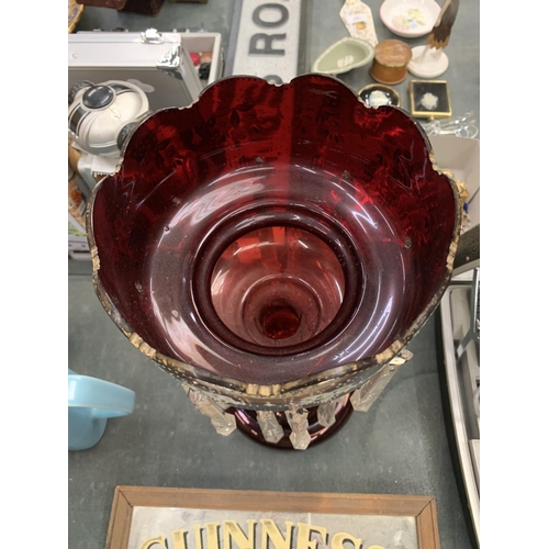 126 - A VICTORIAN CRANBERRY GLASS VASE WITH HANDPAINTED FLORAL DECORATION AND CRYSTAL DROPLETS HEIGHT 36CM