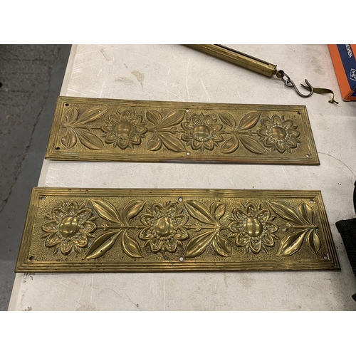 159 - A PAIR OF BRASS DOOR PLATES, BRASS SPRING BALANCE SILVER SCALES PLUS CANDLESTICKS