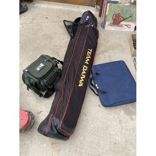 1742 - A TEAM DAIWA FISHING HOLDALL CONTAINING RODS, NETS AND A CAMOFLAGE BROLLY, BANK STICKS, MICROMESH KE... 