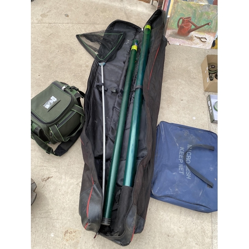 1742 - A TEAM DAIWA FISHING HOLDALL CONTAINING RODS, NETS AND A CAMOFLAGE BROLLY, BANK STICKS, MICROMESH KE... 