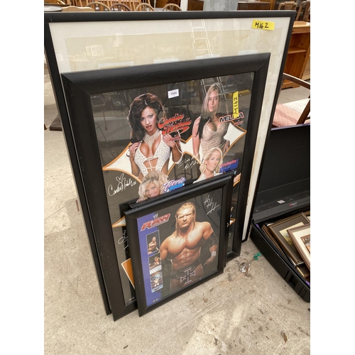 1945 - THREE FRAMED WRESTLING PRINTS AND A FURTHER FRAMED PRINT