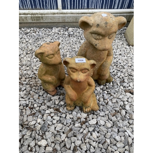 1958 - THREE RECONSTITUTED STONE BEAR GARDEN FIGURES