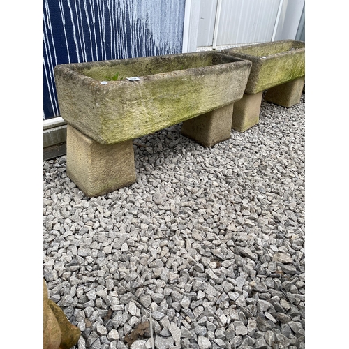 1959 - A PAIR OF RECONSTITUTED STONE TROUGH PLANTERS WITH PEDESTAL BASES