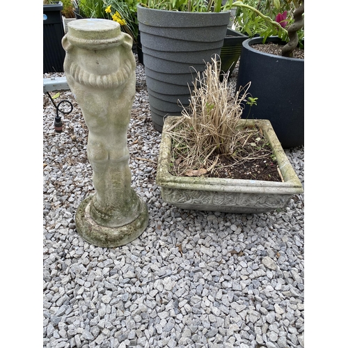 1962 - A RECONSTITUTED STONE SQUARE PLANTER AND A CHERUB FIGURE