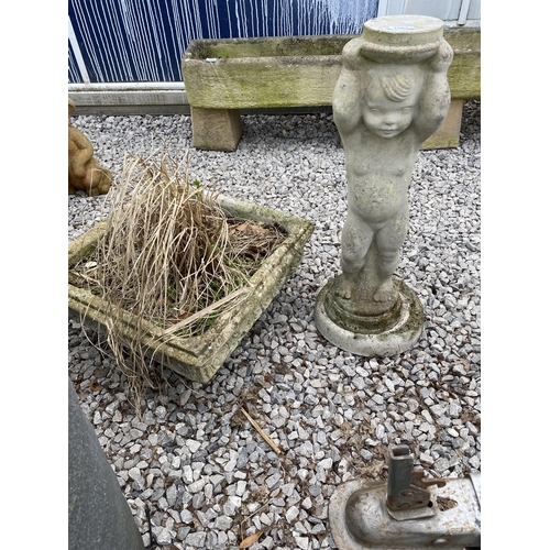 1962 - A RECONSTITUTED STONE SQUARE PLANTER AND A CHERUB FIGURE