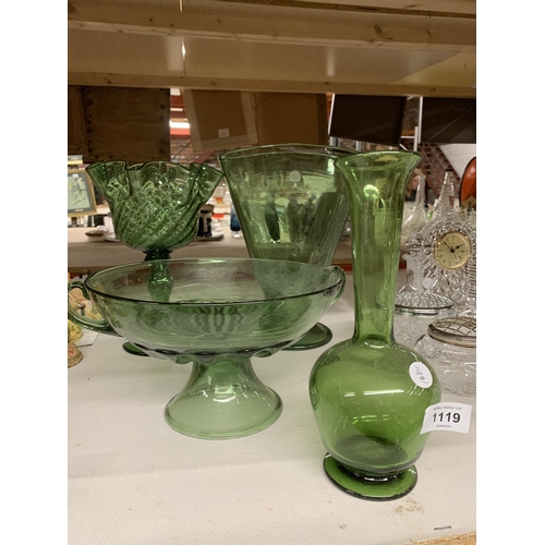 1119 - FOUR PIECES OF VICTORIAN GREEN GLASS TO INCLUDE BOWLS AND VASES, ALL WITH PONTIL MARKS