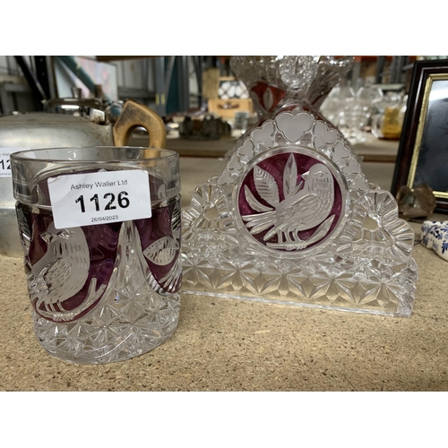 1126 - FOUR PIECES OF GLASSWARE, CLEAR AND CRANBERRY, WITH ETCHED BIRD DESIGN, TO INCLUDE A VASE, TUMBLER, ... 