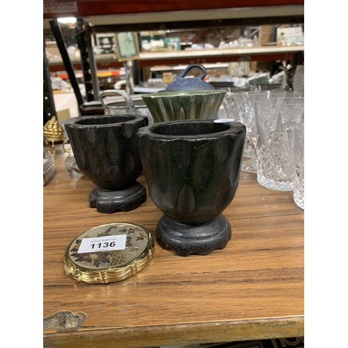 1136 - A PAIR OF TREEN CANDLE HOLDERS, A STUDIO POTTERY LIDDED POT, A COMPACT, SMALL BUCKET, ETC