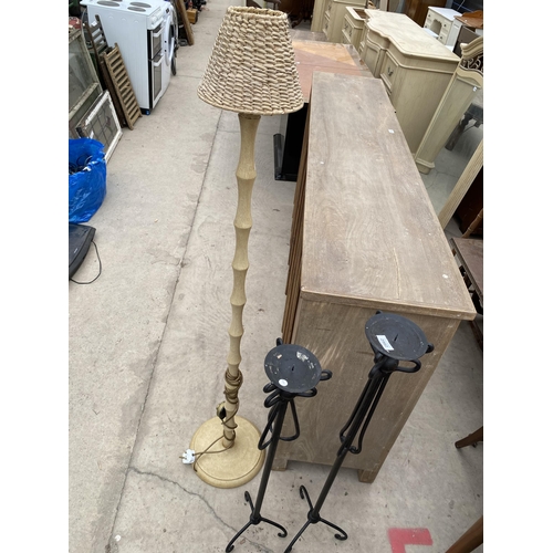 2982 - TWO WROUGHT IRON CANDLESTANDS AND TURNED COLUMN STANDARD LAMP