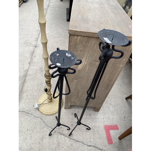 2982 - TWO WROUGHT IRON CANDLESTANDS AND TURNED COLUMN STANDARD LAMP