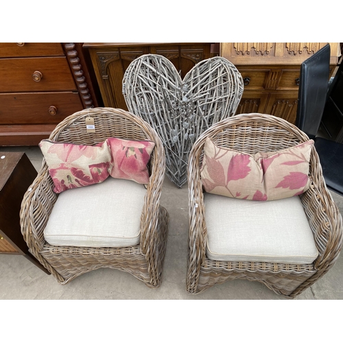 2992 - A PAIR OF WICKER CONSERVATORY CHAIRS AND PAIR OF WICKER HEART SHAPED DECORATIONS