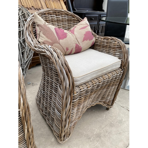 2992 - A PAIR OF WICKER CONSERVATORY CHAIRS AND PAIR OF WICKER HEART SHAPED DECORATIONS