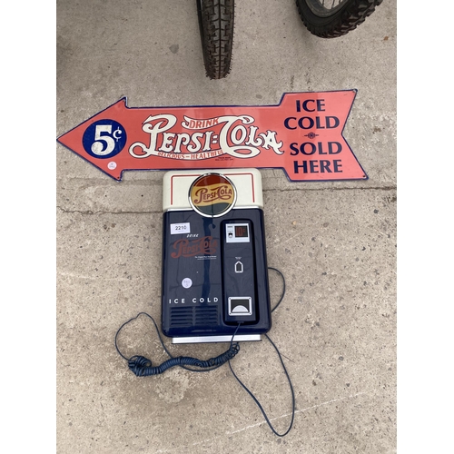 2210 - A TIN PEPSI-COLA SIGN AND A PEPSI-COLA PHONE SIGN