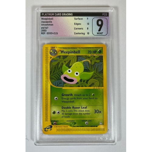 206 - A GRADED POKEMON CARD - 2003 WEEPINBELL AQUAPOLIS E READER 65/147 - GRADE 9