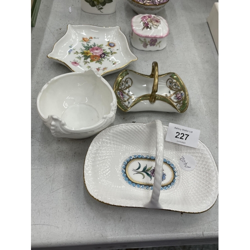 227 - A MIXED LOT OF CERAMICS PIN TRAYS & SMALL VASES TO INCLUDE ROYAL WORCESTER, AYNSLEY, MINTONS ETC